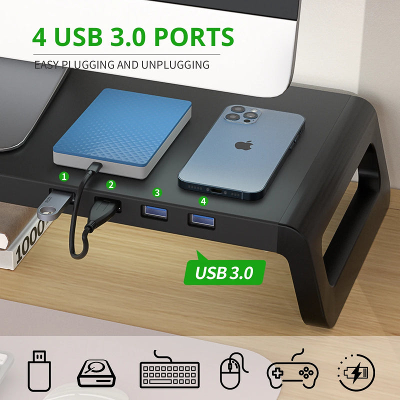 Suporte de mesa para monitor, para redução de tensão no pescoço, pernas ABS, riser de monitor de alumínio com hub USB3.0, PC, computador, laptop, organizador de mesa